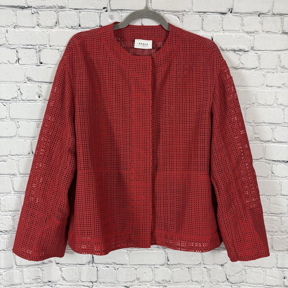 AKRIS Punto Mesh Grid Jacket Luminous Red Semi Sheer Adjustable Sleeve - Picture 5 of 16